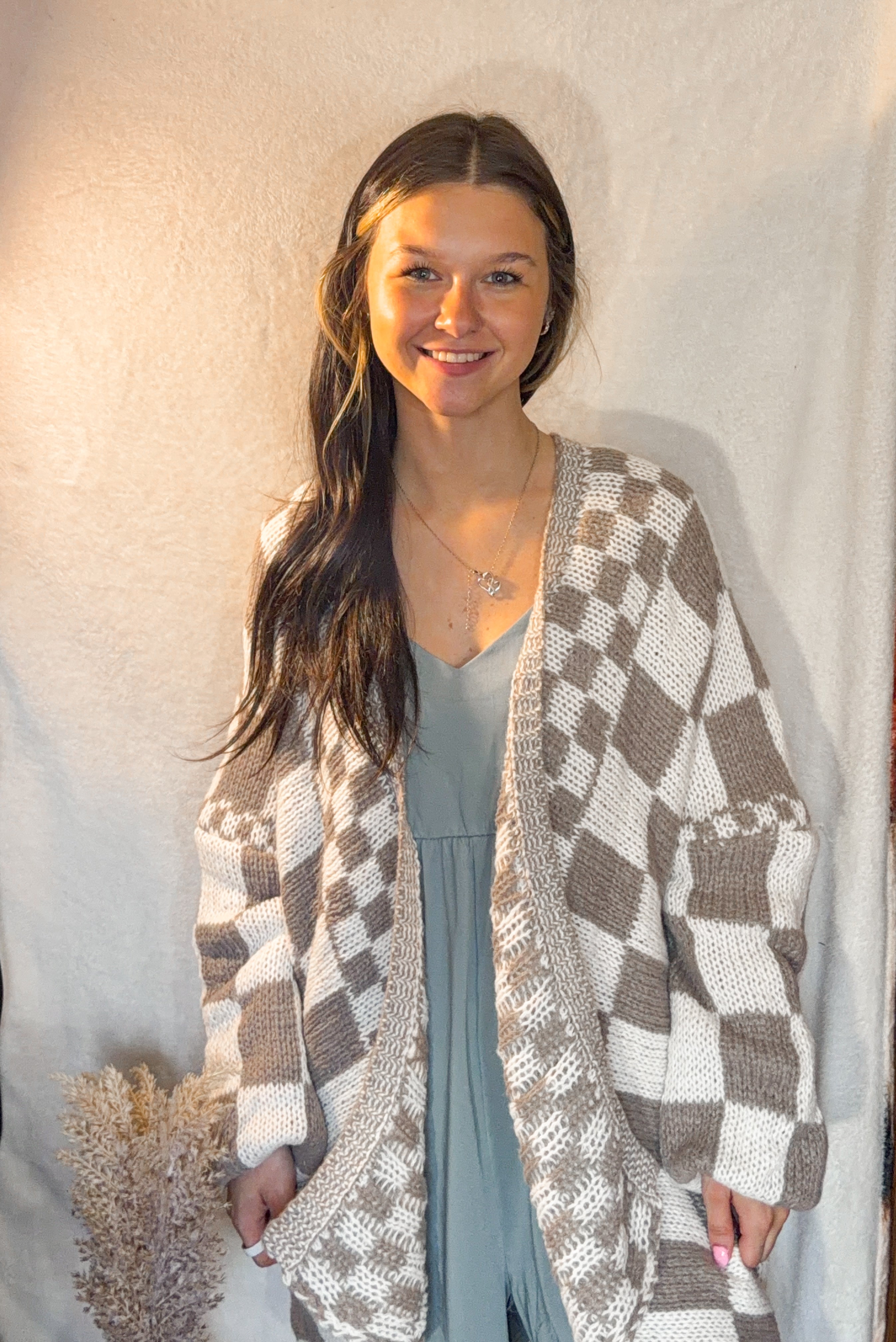 Checkered Knit Cardigan- Taupe