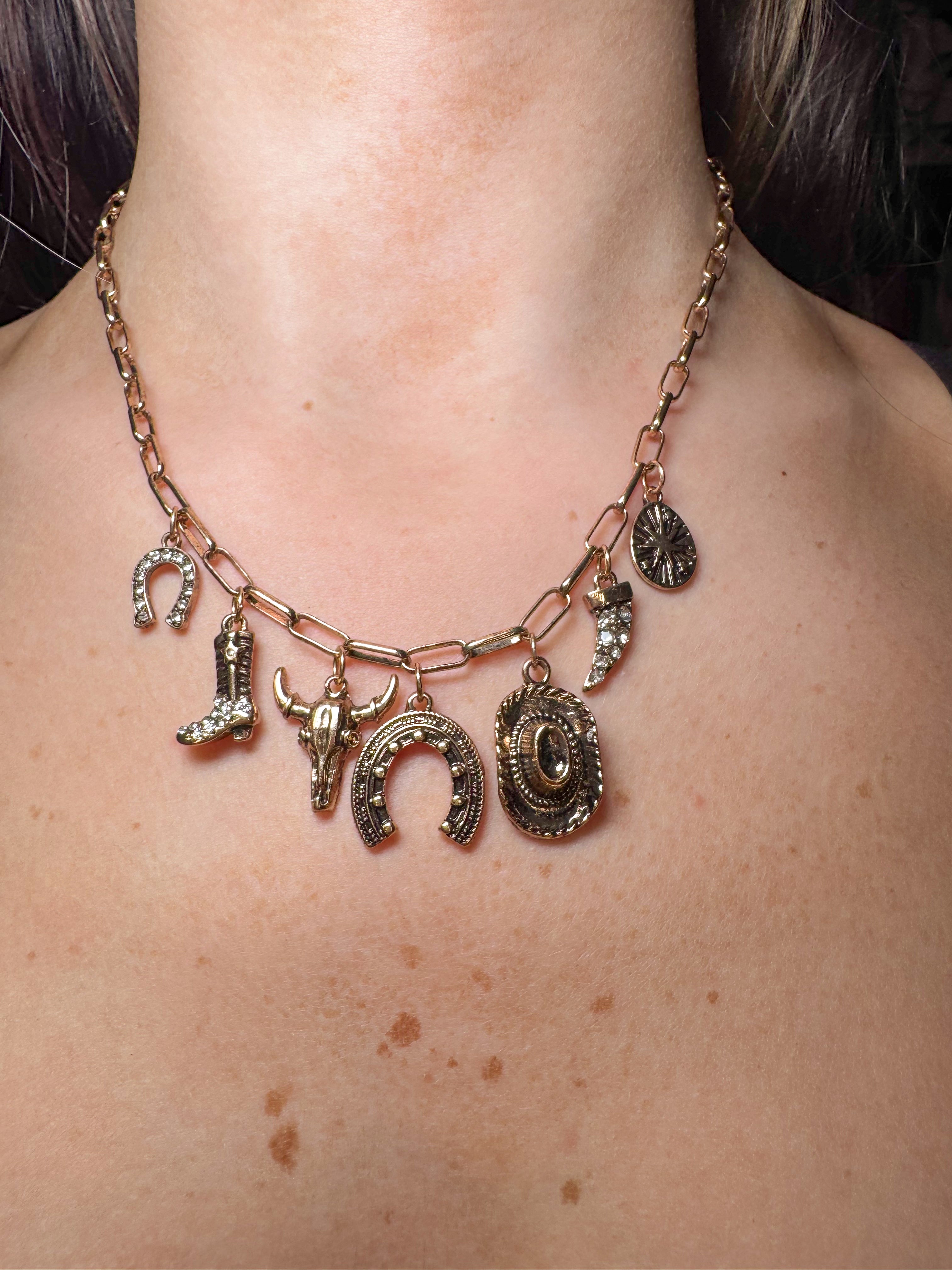 Western Horseshoe Charm Necklace- Gold