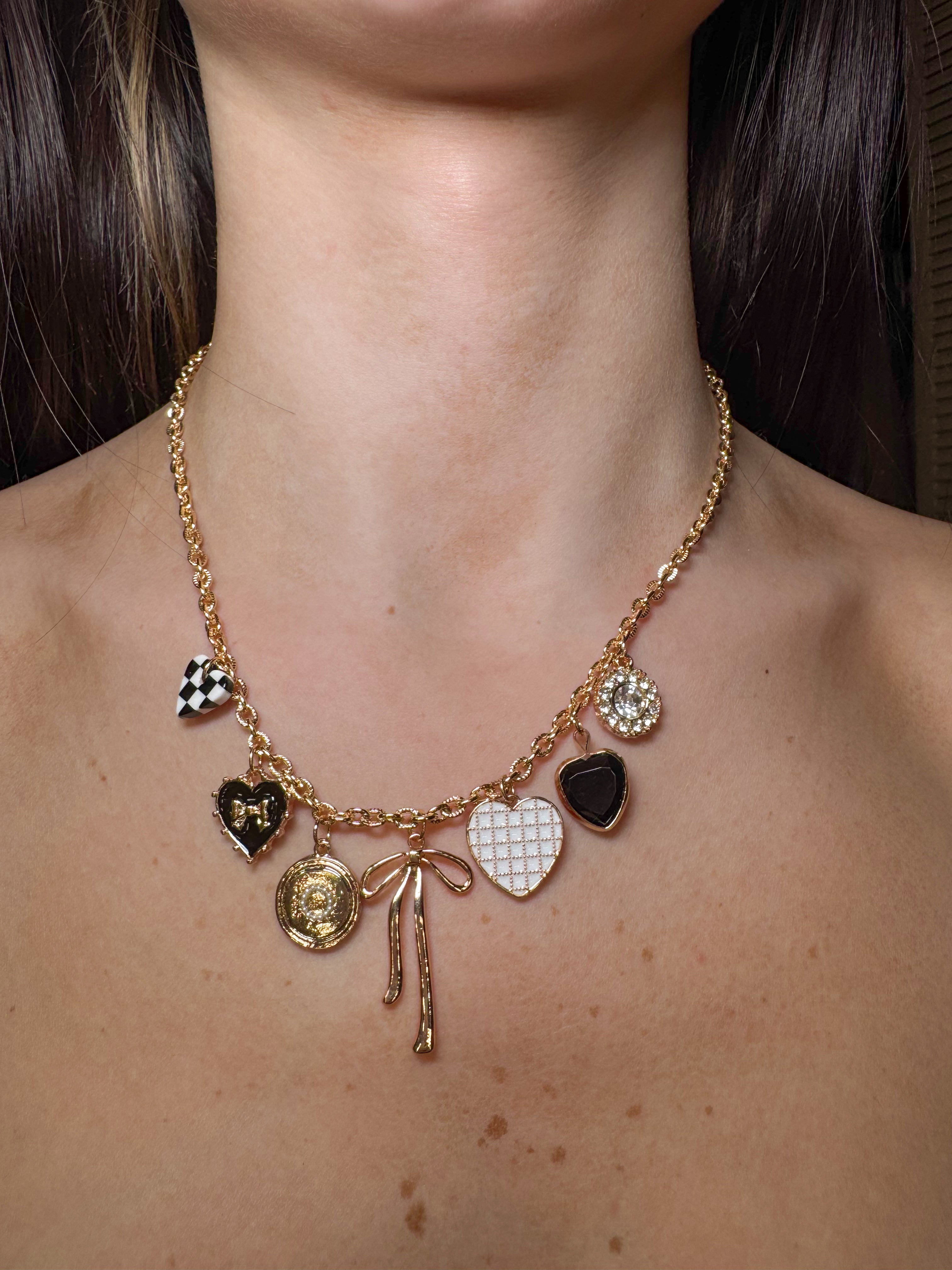 Checkered Heart Charm Necklace- Gold