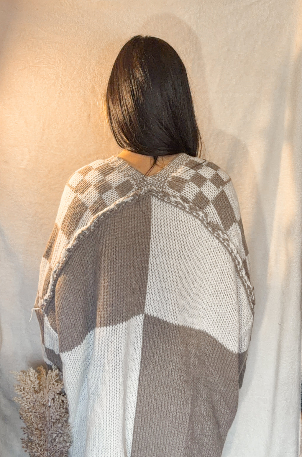 Checkered Knit Cardigan- Taupe