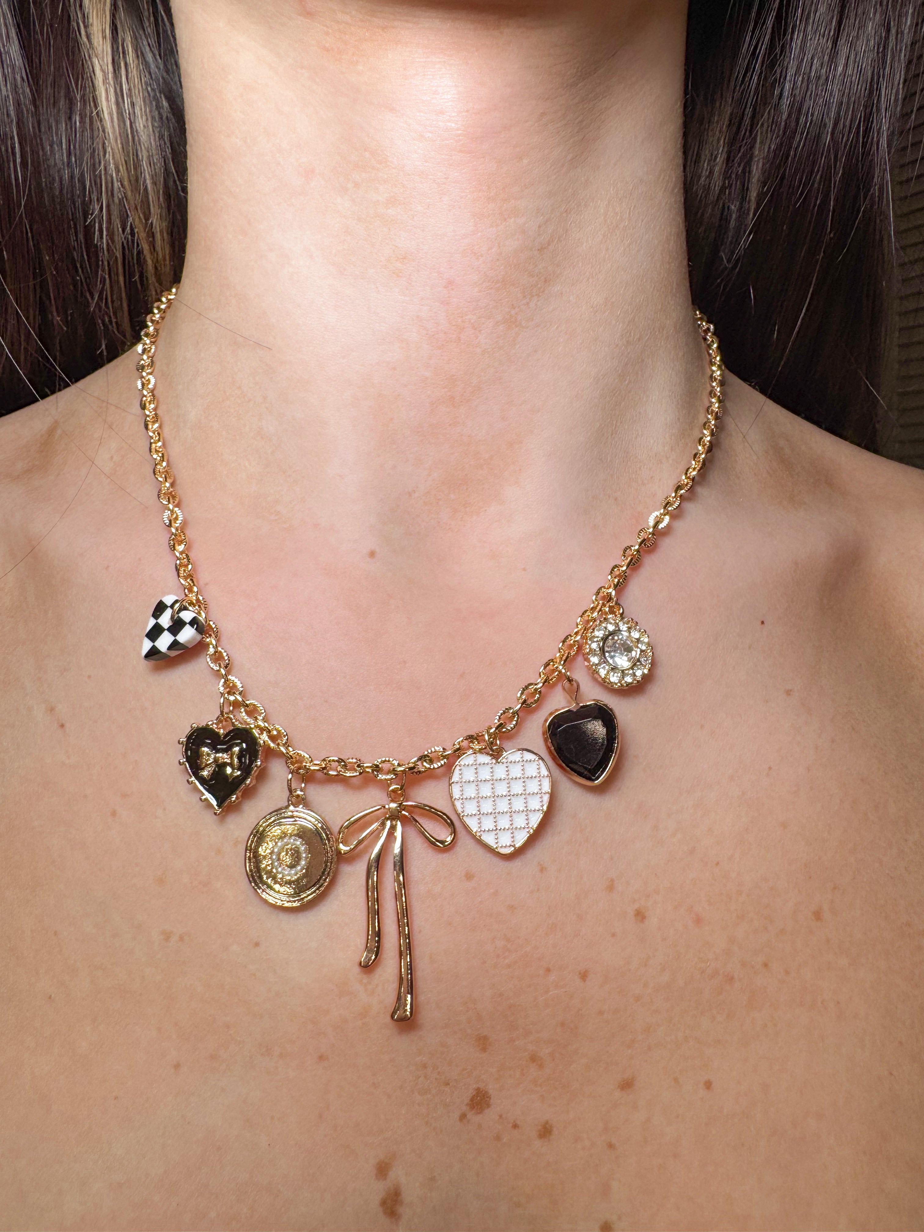 Checkered Heart Charm Necklace- Gold
