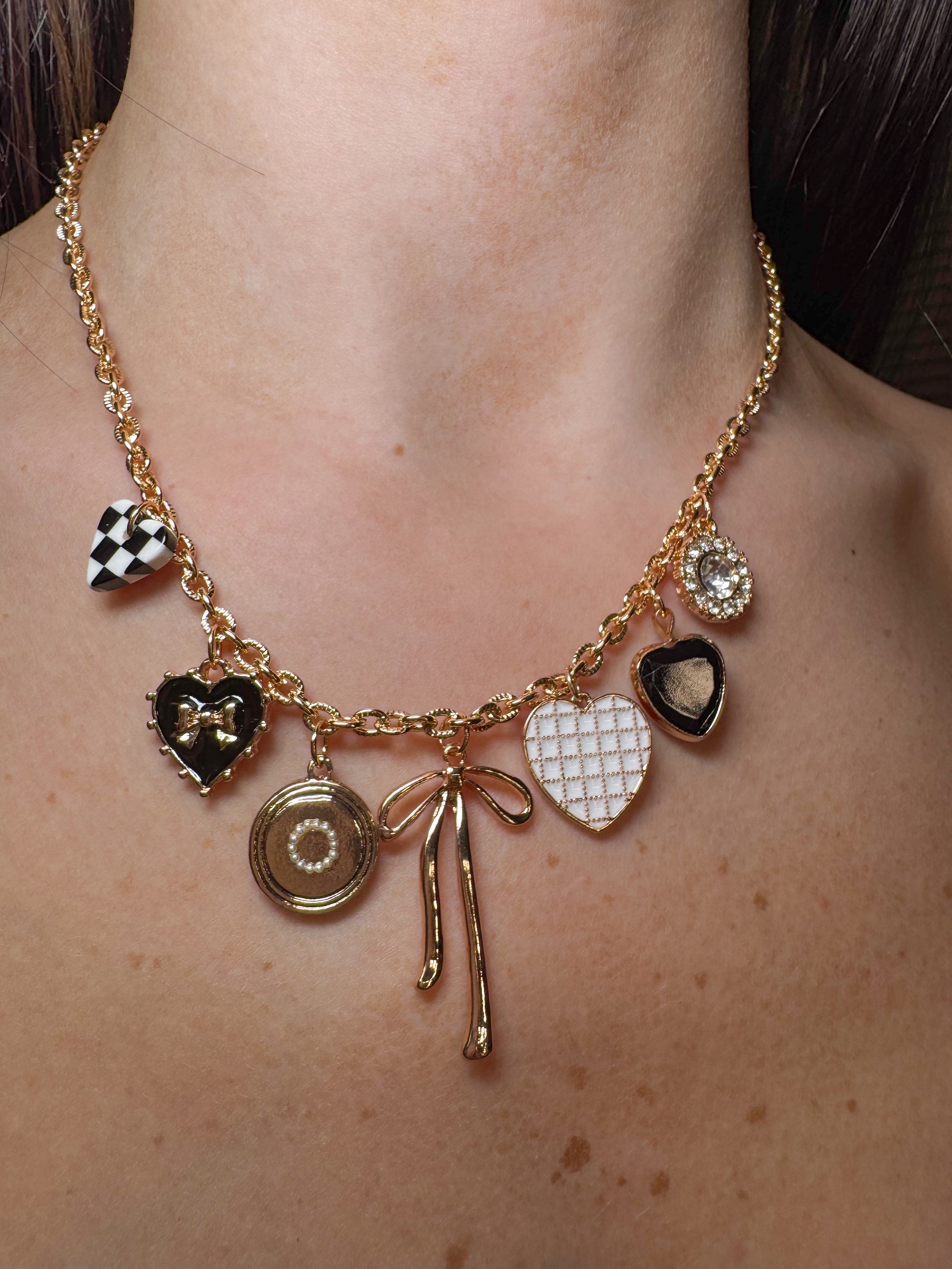 Checkered Heart Charm Necklace- Gold